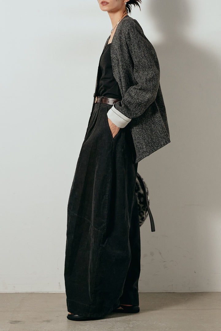 [SET]ノーカラーダブルボタンツイードジャケット+タック入りコーデュロイワイドパンツ(2set)