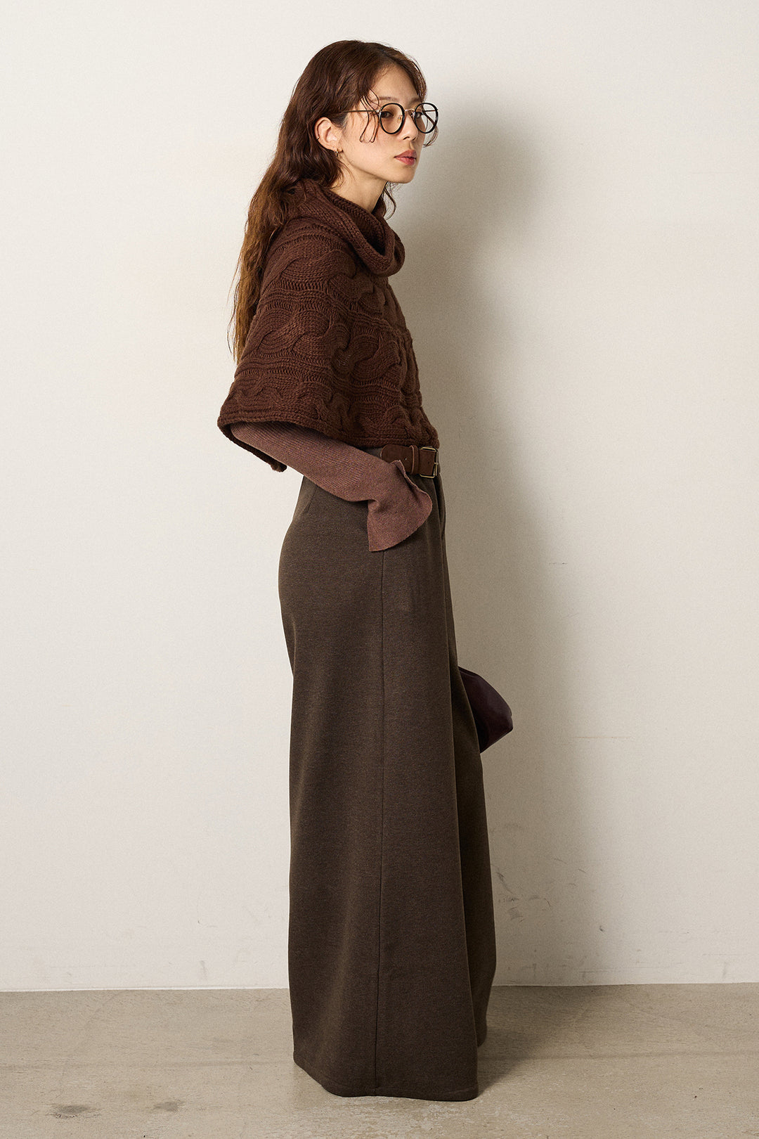 [SET]ケーブル編みケープレイヤードニット+サイドベルトパンツ(2set)