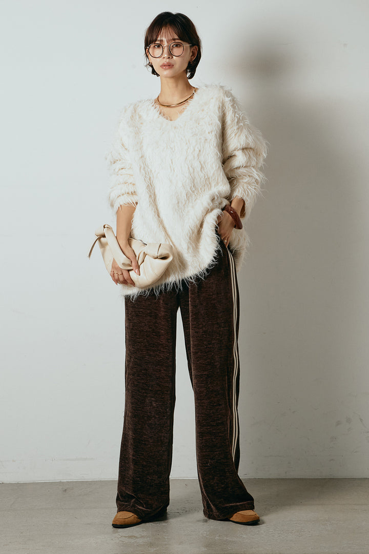 [SET]深Vネックシャギーニットトップス+リラックスサイドラインベロアワイドパンツ(2set)