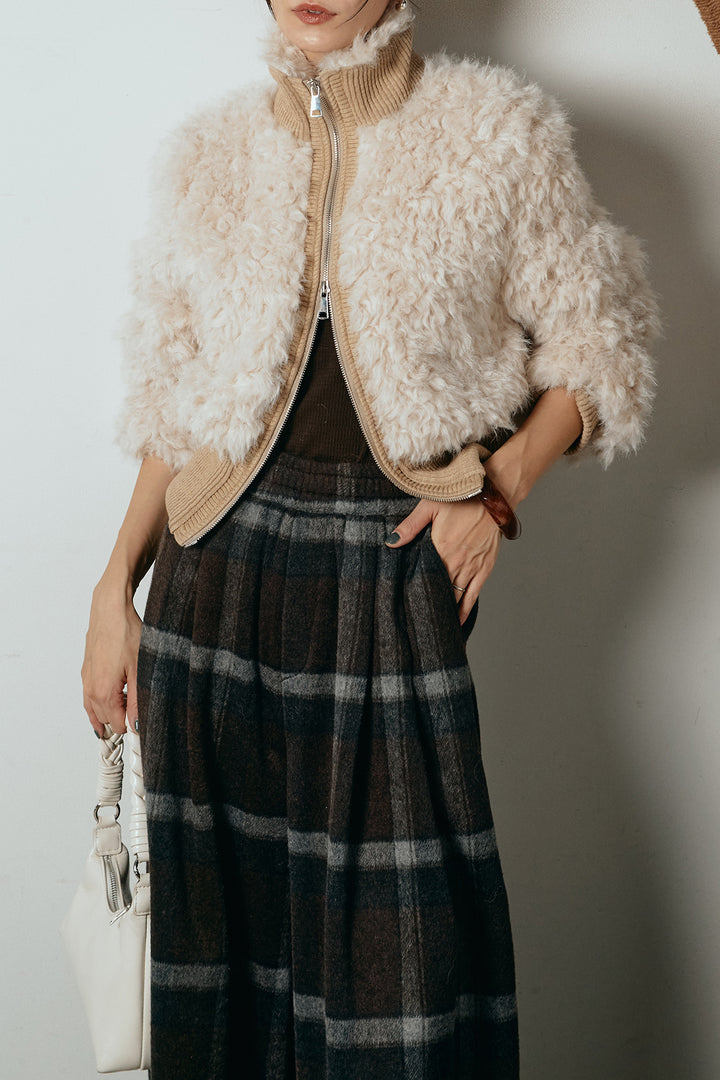 [SET]ハイネックショート丈ボアジップブルゾン+起毛タータンチェック柄ワイドパンツ(2set)