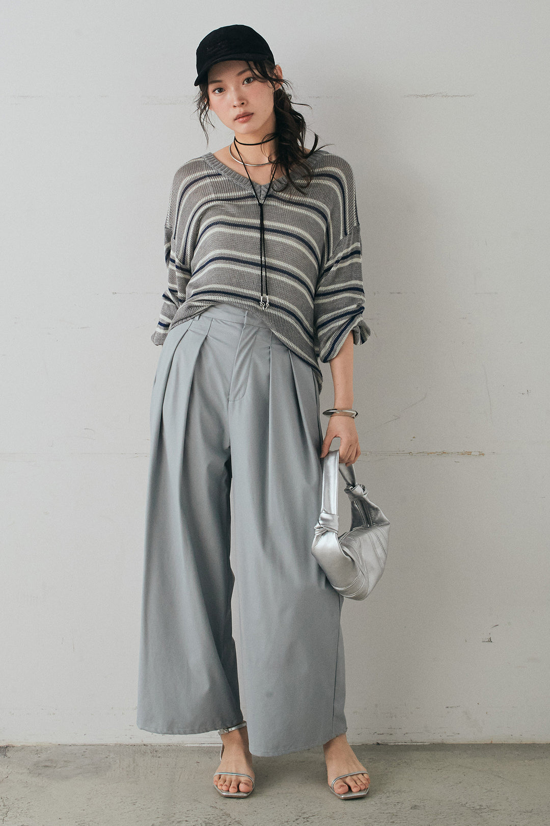 [SET]綿タッチVネックボーダートップス+ウォッシャブルエコレザータックパンツ(2set)