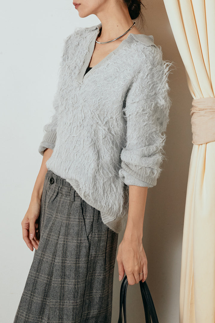 [SET]襟付きシャギーニットポロトップス+タータンチェック柄タックパンツ(2set)