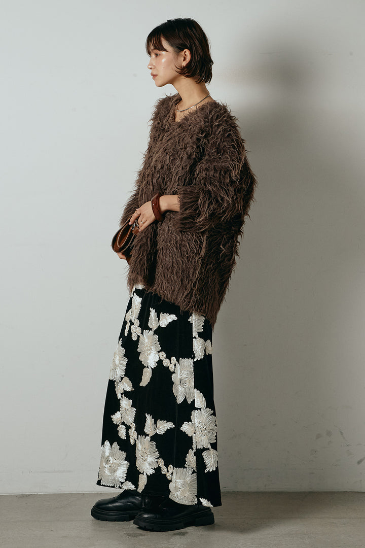 [SET]深Vネックシャギーニットトップス+フラワー刺繍ワイドスカート(2set)