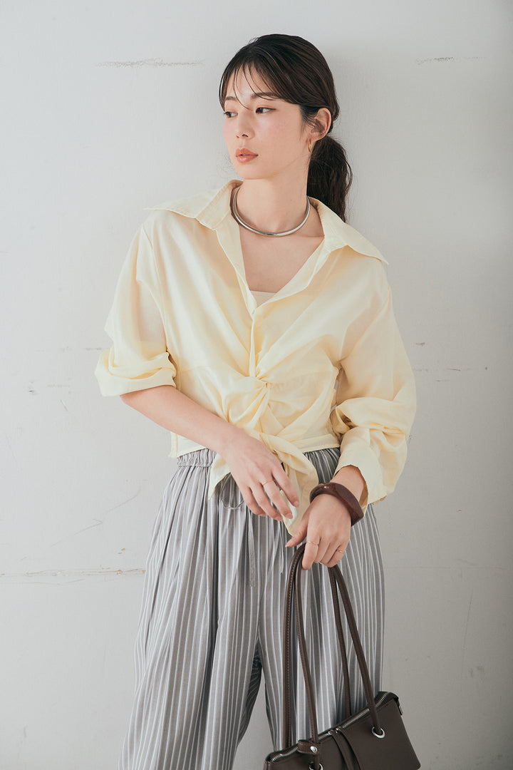 [SET]裾巻きツイストデザインシャツ+レーヨンストライプイージーワイドパンツ(2set)