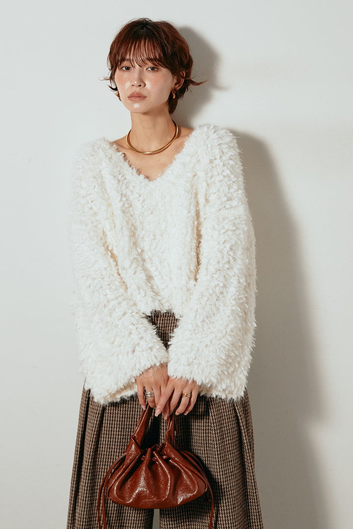 [SET]深Vネックチョウチョヤーンニットトップス+ガンクラブチェックタックパンツ(2set)