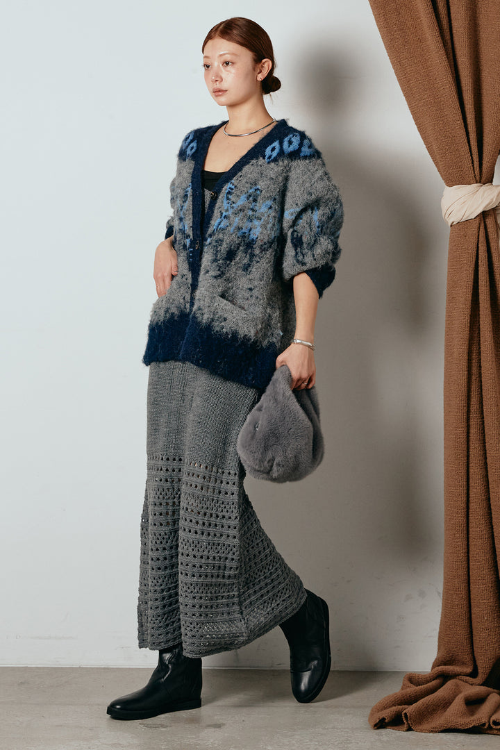 [SET]シャギーニュアンス柄ニットカーディガン+裾透かし編みキャミソールニットワンピース(2set)