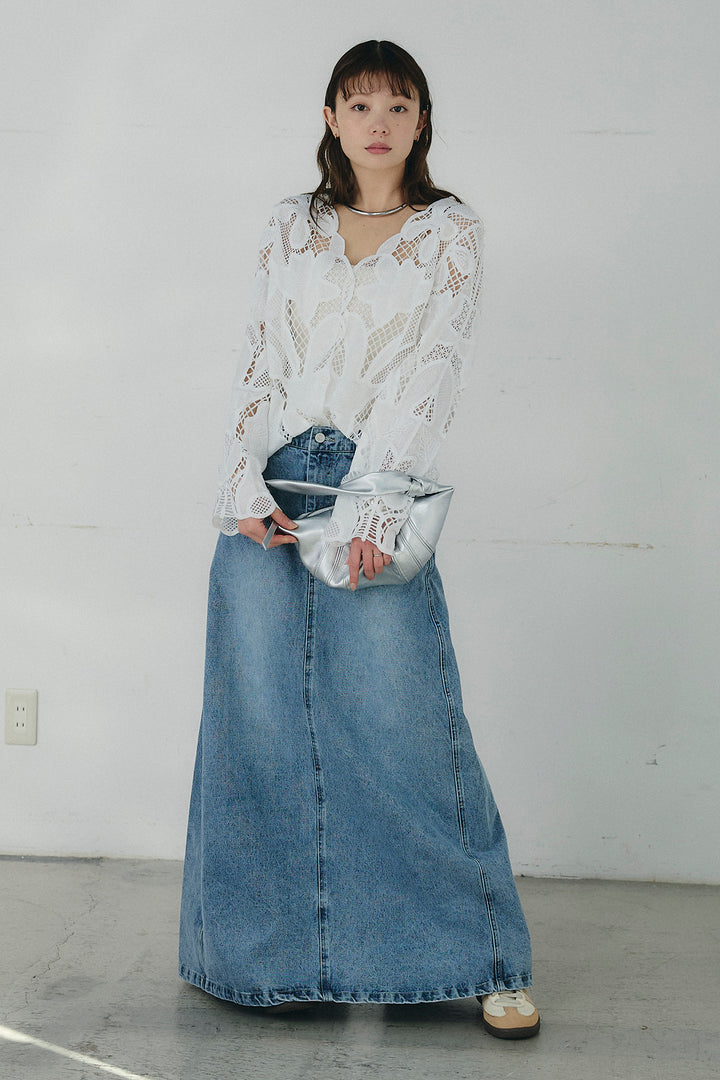 [SET]フラワー刺繍レースブラウス+デニムロングフレアスカート(2set)