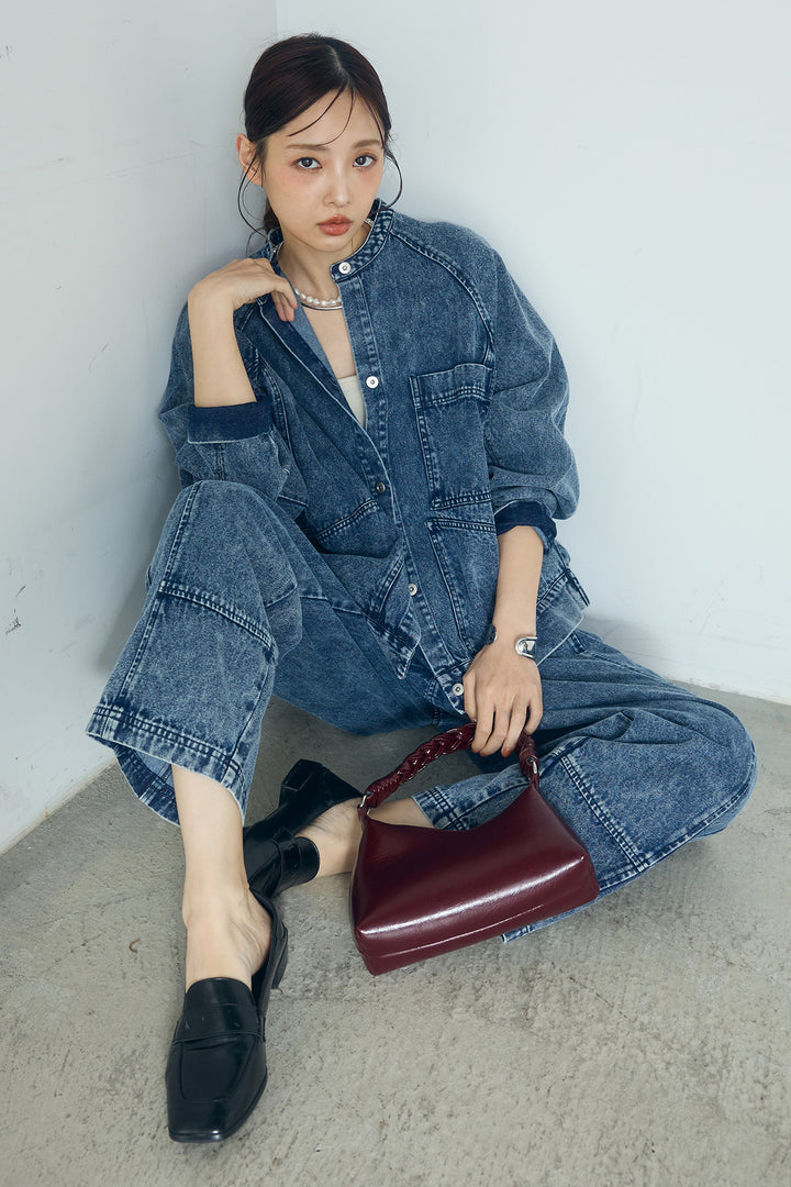 [SET]カラーデニムケミカル加工ノーカラーブルゾン+カラーデニムケミカル加工コクーンパンツ(2set)