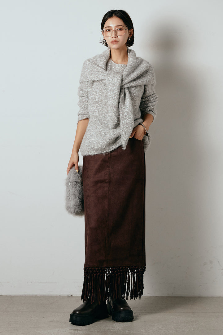 [SET]スカーフ付きミックスニットトップス+スウェードライク裾フリンジスカート(2set)