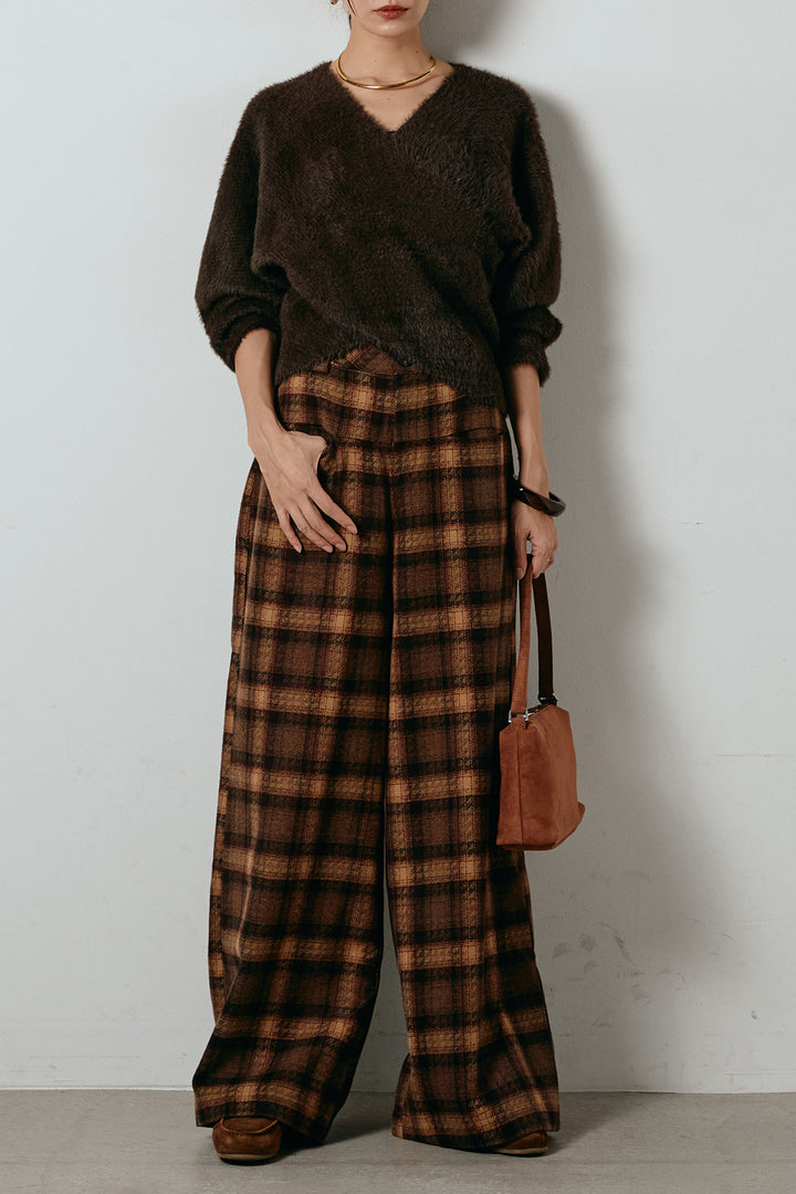 [SET]シャギーカシュクールニットトップス+ルーズタータンチェックワイドパンツ(2set)