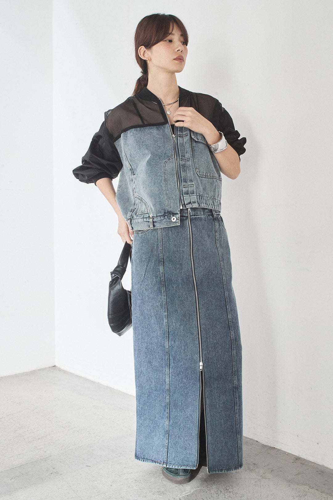 [SET]デニムコンビネーションブルゾン+フロントジップデニムスカート(2set)