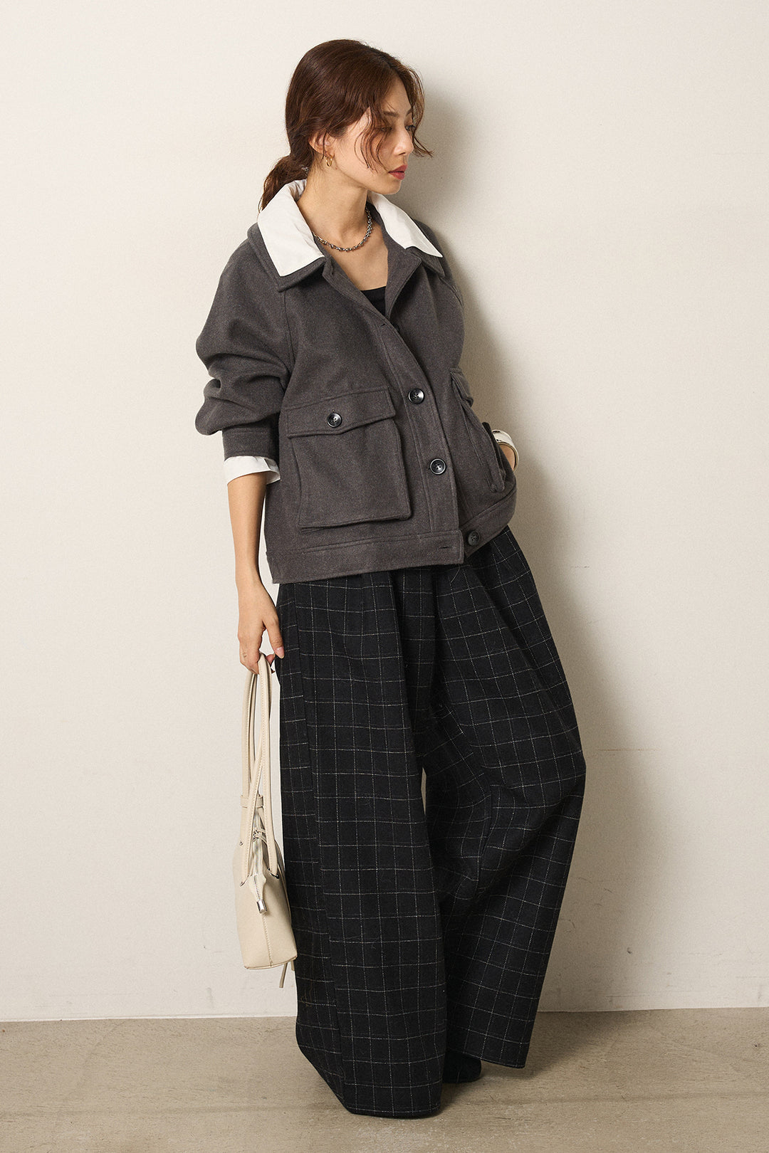 [SET]衿レイヤードフェイクウールジャケット+ウールライクチェックタックパンツ(2set)