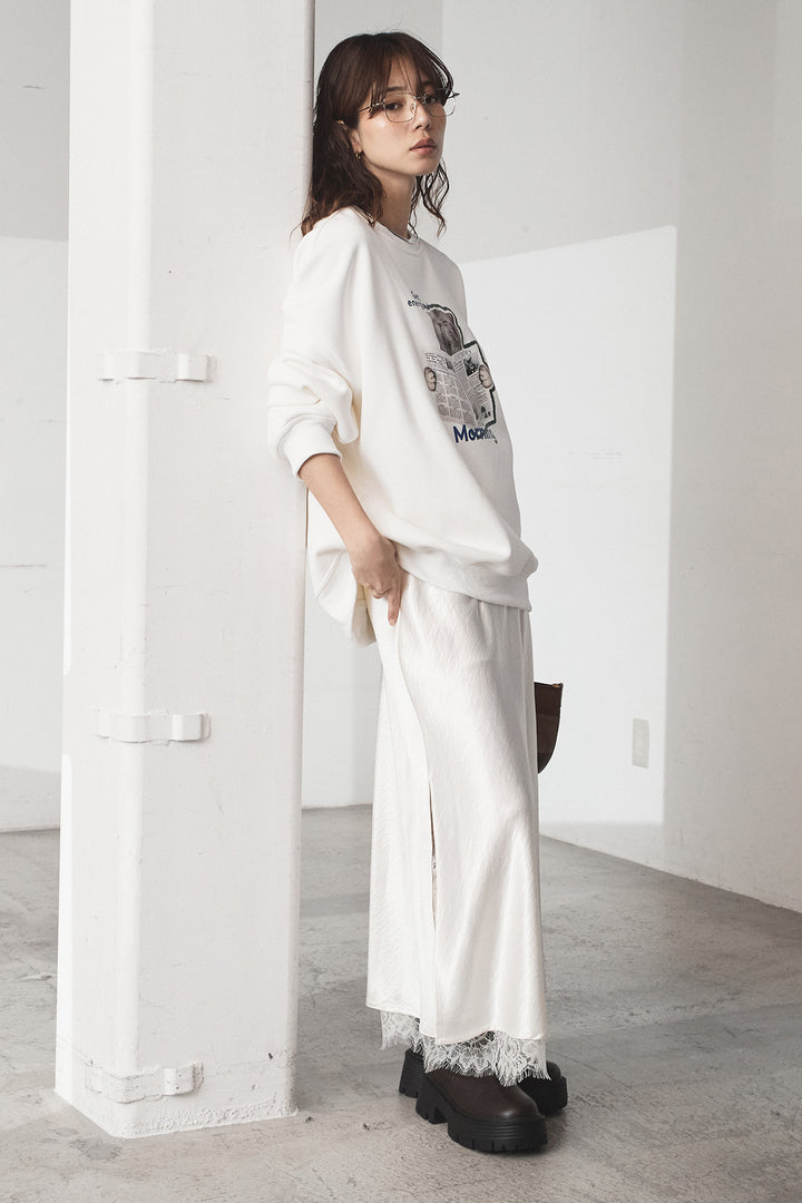 [SET]裏起毛モーニングキャットプリントスウェット+裾レースデザインサテンスカート(2set)