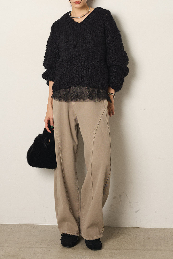 [SET]Vネックハンド編みニットトップス+ベルト付きカジュアルカーブワイドパンツ+レース切り替えキャミソール(3set)