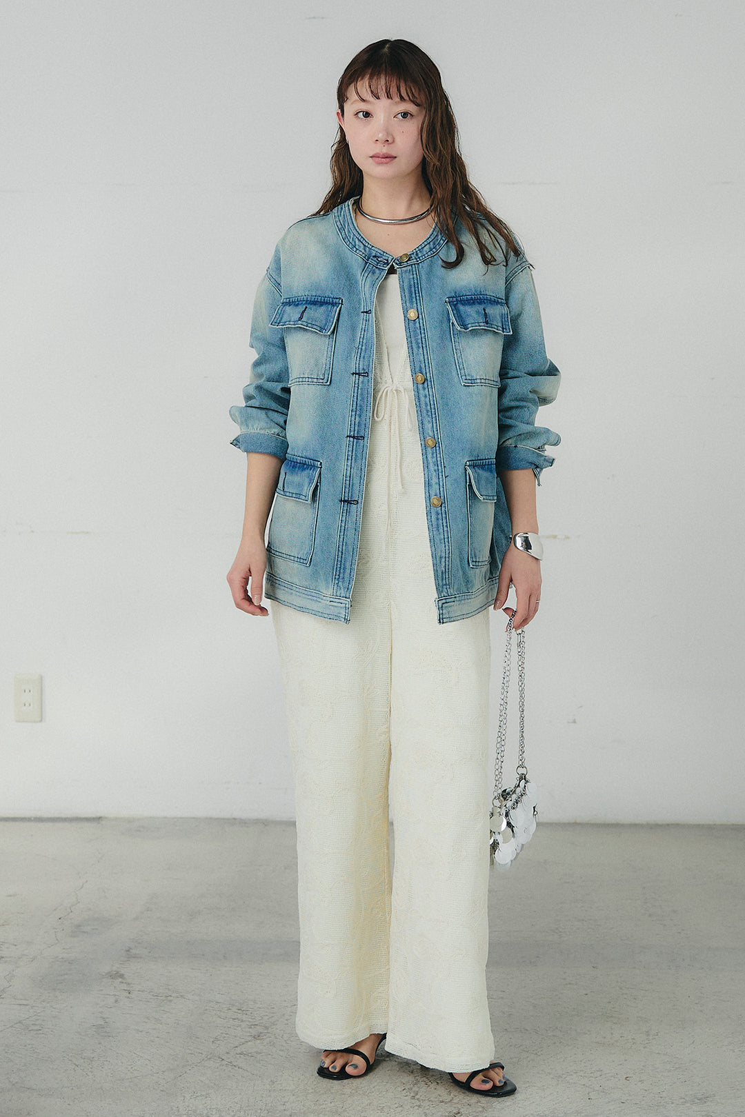 [SET]ノーカラーデニムポケットジャケット+レースサロペット(2set)