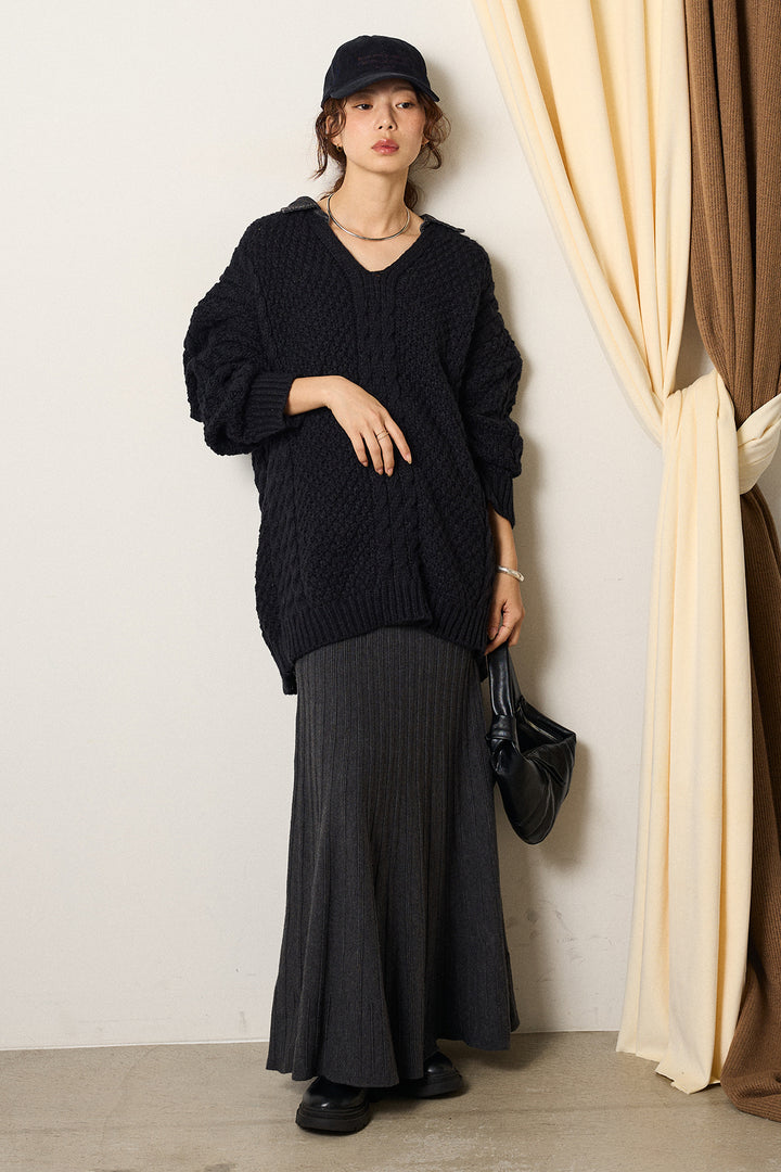 [SET]デニムカラーケーブルオーバーニット+編み地切り替えフレアニットスカート(2set)