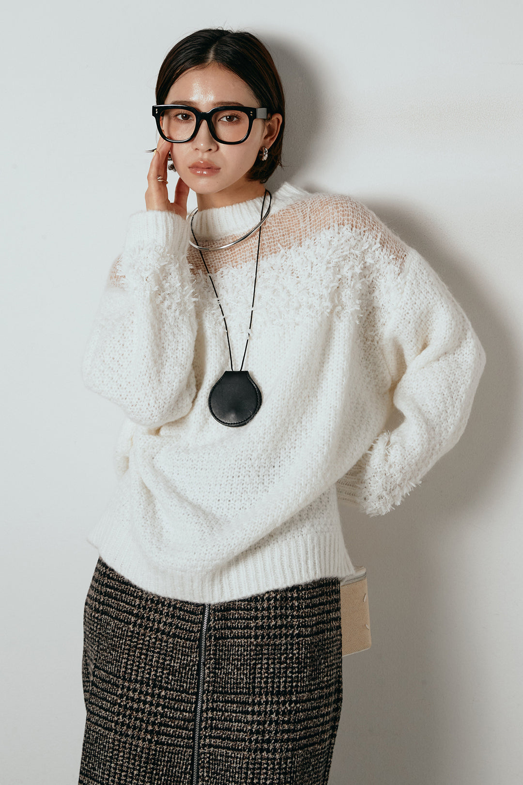 [SET]パターンランダム編みニットトップス+グレンチェック柄フロントジップタイトスカート(2set)