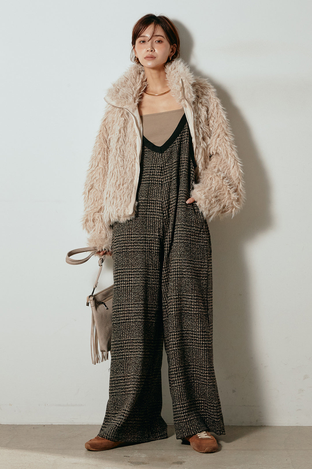 [SET]ミックスシープファースタンドブルゾン+前後2wayグレンチェック柄スカーチョサロペット(2set)