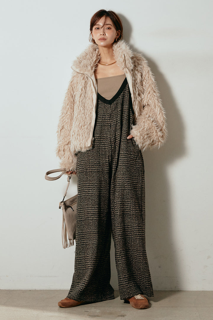 [SET]ミックスシープファースタンドブルゾン+前後2wayグレンチェック柄スカーチョサロペット(2set)