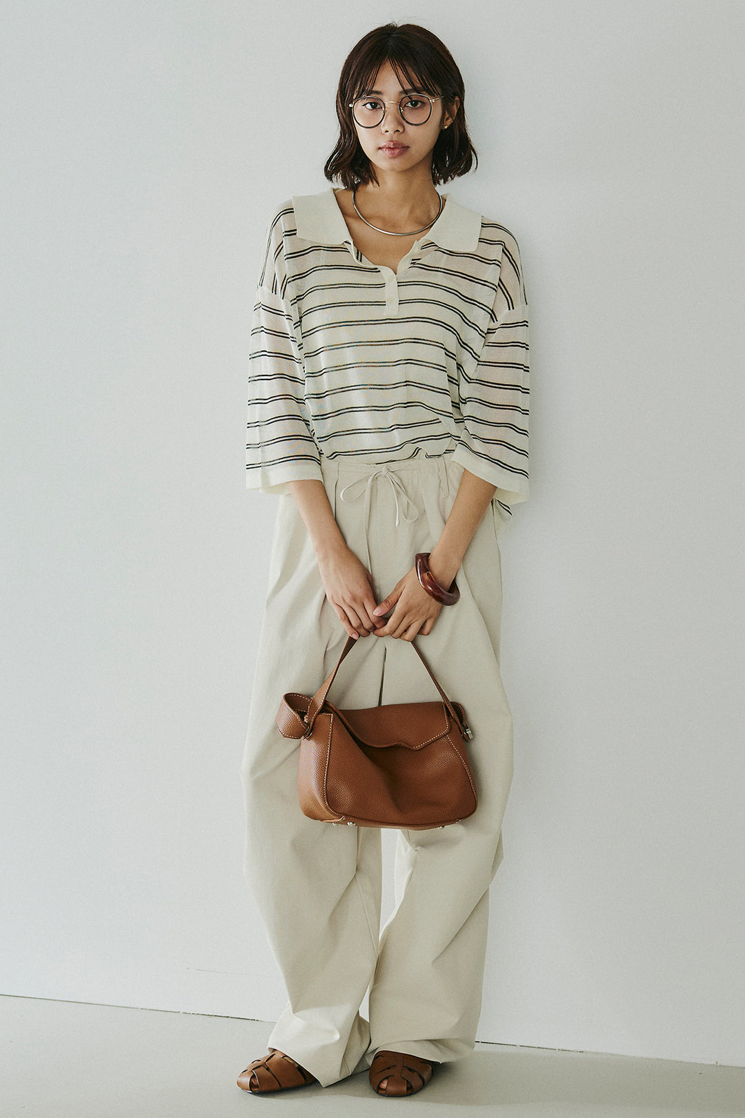 [SET]ボーダーニットポロシャツ+ニーサイドタックウエストドロスパンツ(2set)