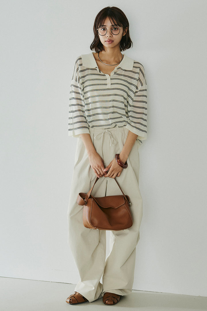 [SET]ボーダーニットポロシャツ+ニーサイドタックウエストドロスパンツ(2set)