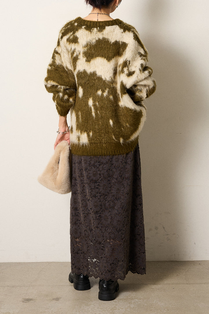 [SET]モヘアタッチマーブルニット+花柄刺繍ベロアフレアスカート(2set)
