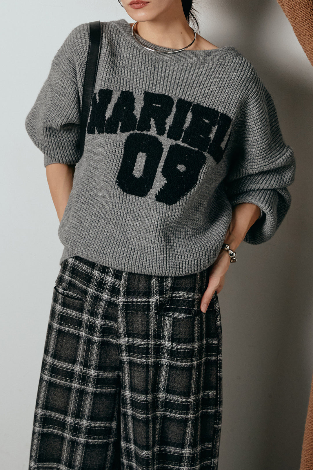 [SET]ロゴジャガードニットトップス+ルーズタータンチェックワイドパンツ(2set)