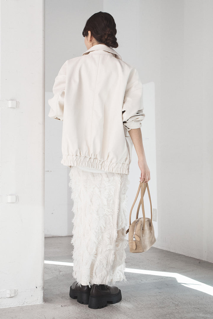 [SET]レザーライクオーバーサイズブルゾン+カットフリンジニットタイトスカート(2set)