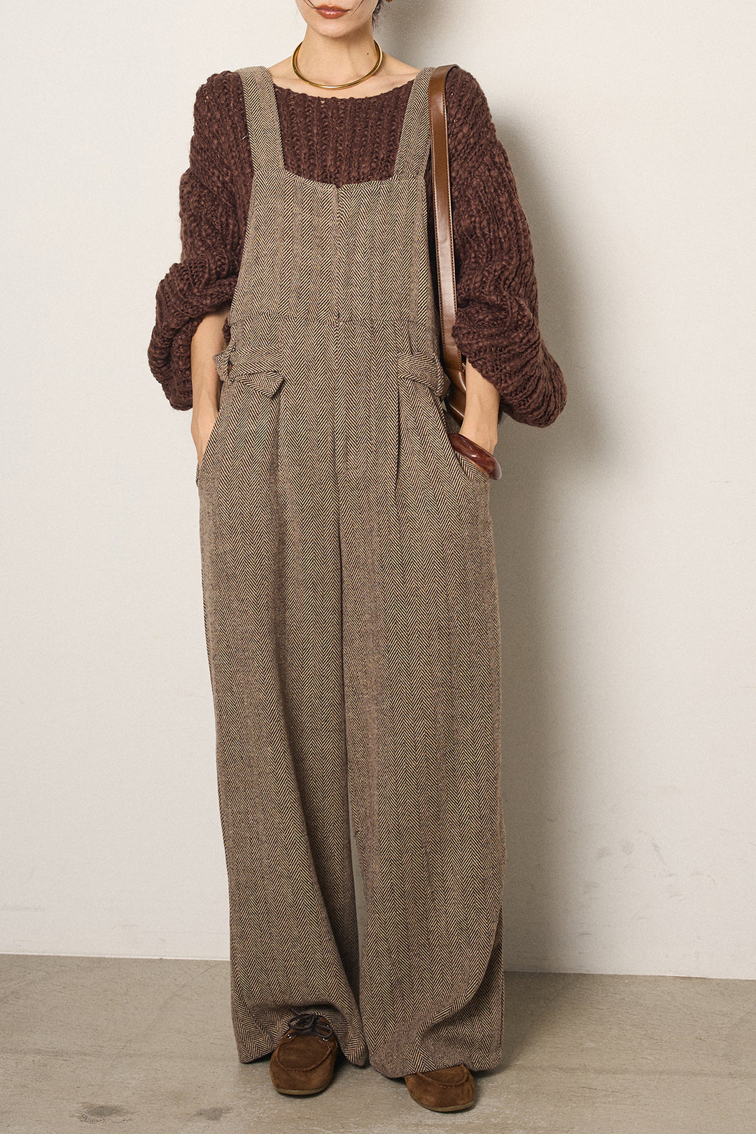 [SET]チャンキースラブニットクロップドプルオーバー+クラシックヘリンボーンサロペット(2set)