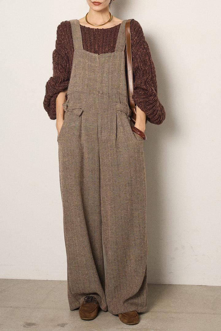 [SET]チャンキースラブニットクロップドプルオーバー+クラシックヘリンボーンサロペット(2set)