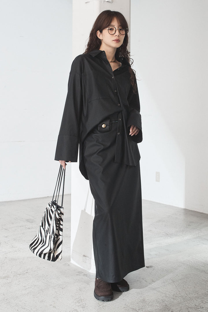 [SET]ウォッシャブルエコレザービックカフスシャツ+ウォッシャブルエコレザーナロースカート(2set)