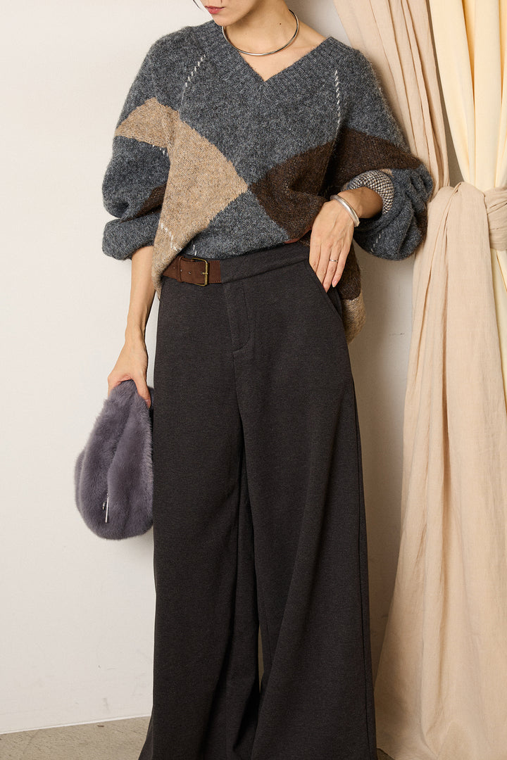 [SET]ルーズアーガイルVネックニット+サイドベルトパンツ(2set)