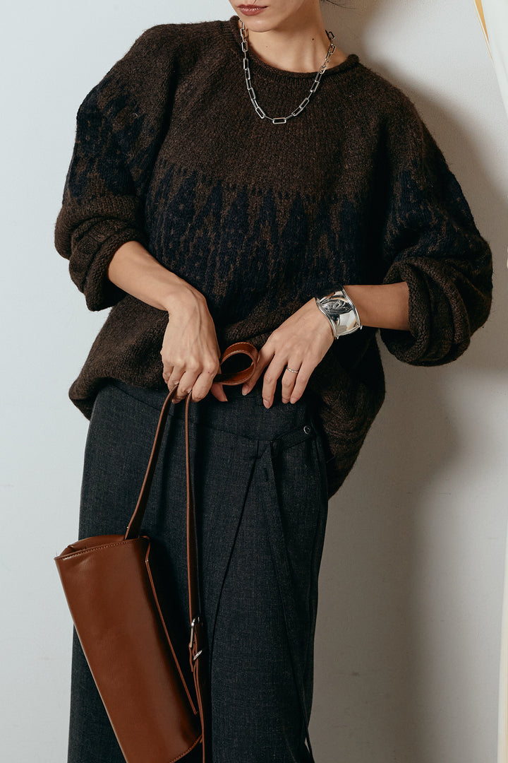 [SET]モノトーン柄ニットトップス+ラップ巻きワイドスラックス(2set)