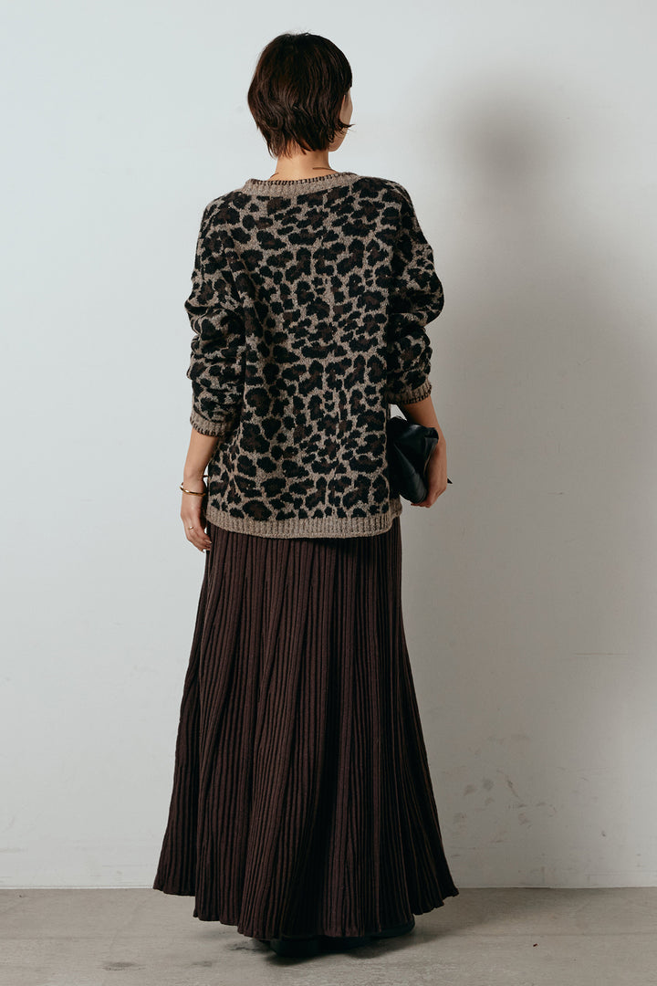 [SET]ステッチデザインレオパードニットカーディガン+リブニットフレアスカート(2set)