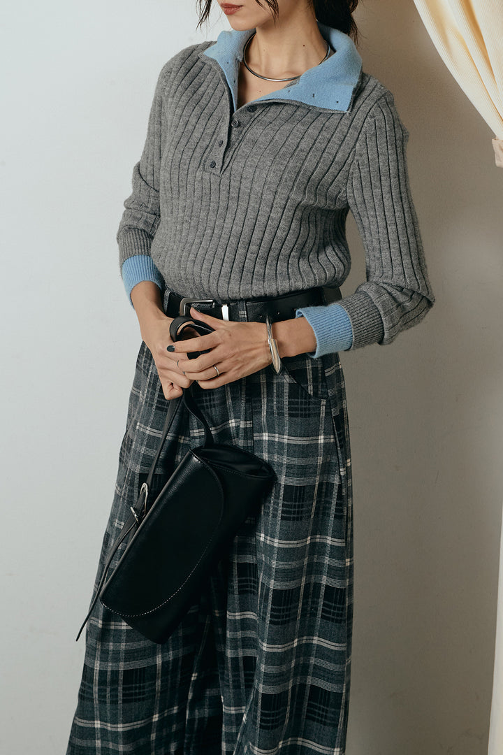 [SET]レイヤード風リブニットトップス+ベルト付きタータンチェックカーブワイドパンツ(2set)