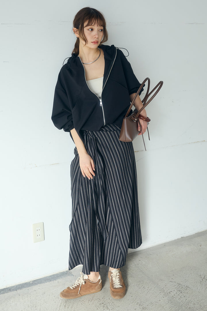 [SET]ネック裾絞りブルゾンアウター+マルチピンストライプ柄巻きスカート(2set)