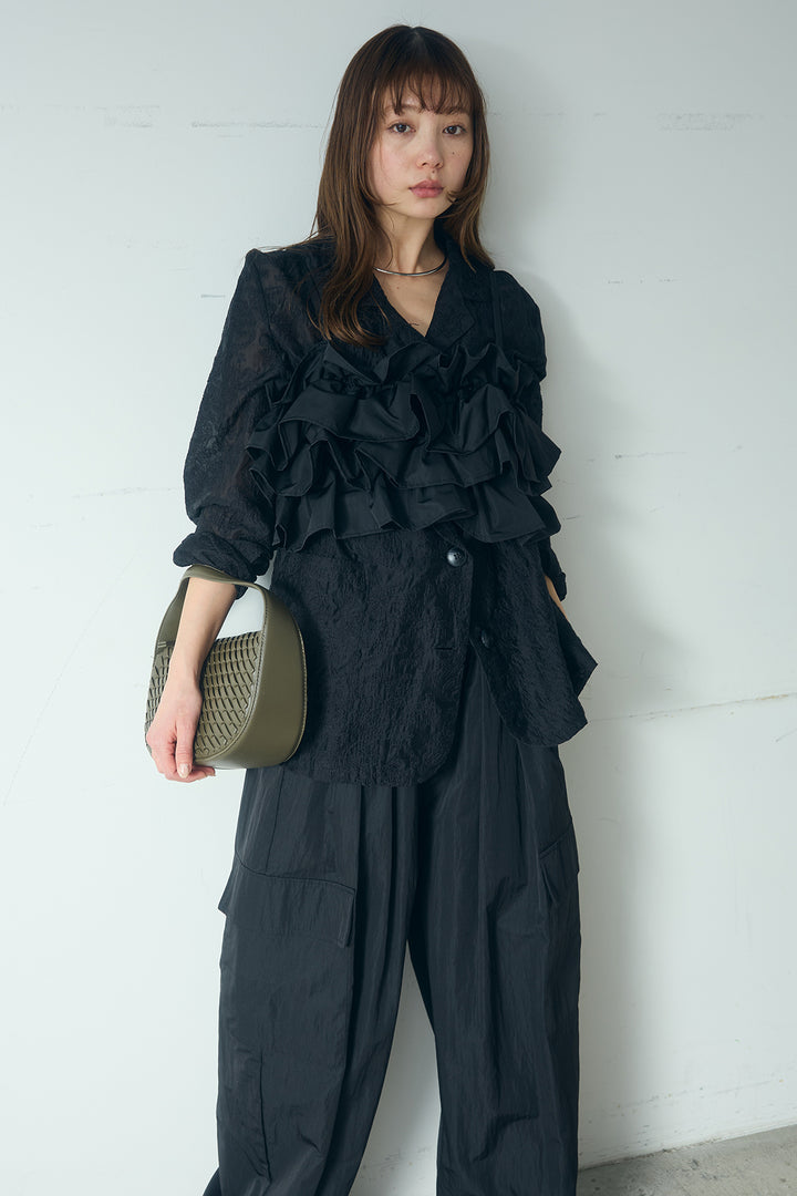 [SET]刺繍シアーテーラードジャケット+撥水フリルビスチェ+撥水ジョガーパンツ(3set)