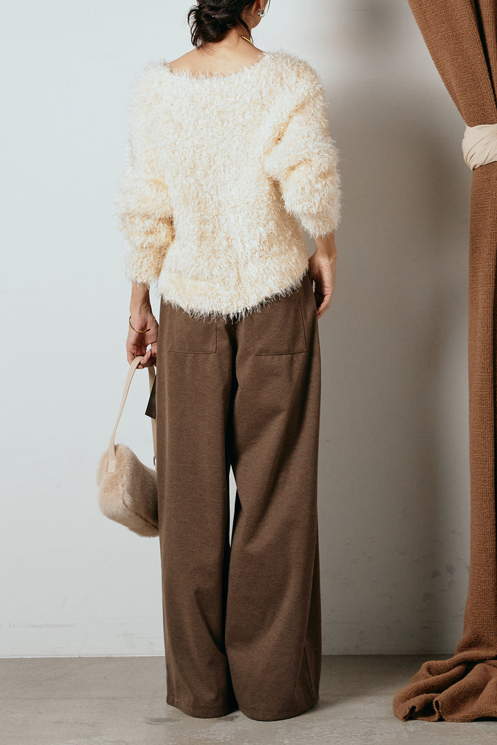 [SET]シャギークロスニットトップス+細ベルト付き起毛タックワイドパンツ(2set)