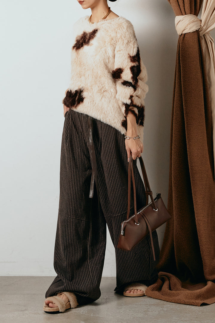 [SET]タイダイ柄シャギーニットトップス+レザーライク配色ストライプパンツ(2set)