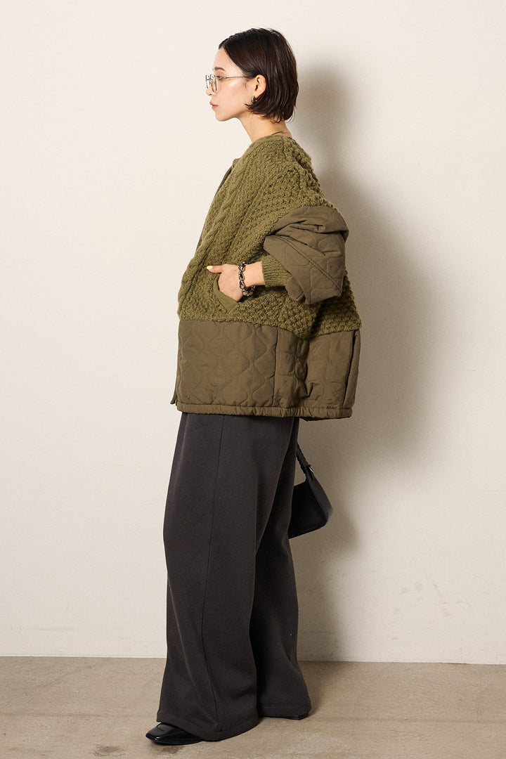 [SET]アラン編みニットノーカラー裾キルティングブルゾン+裏起毛スウェットワイドパンツ(2set)