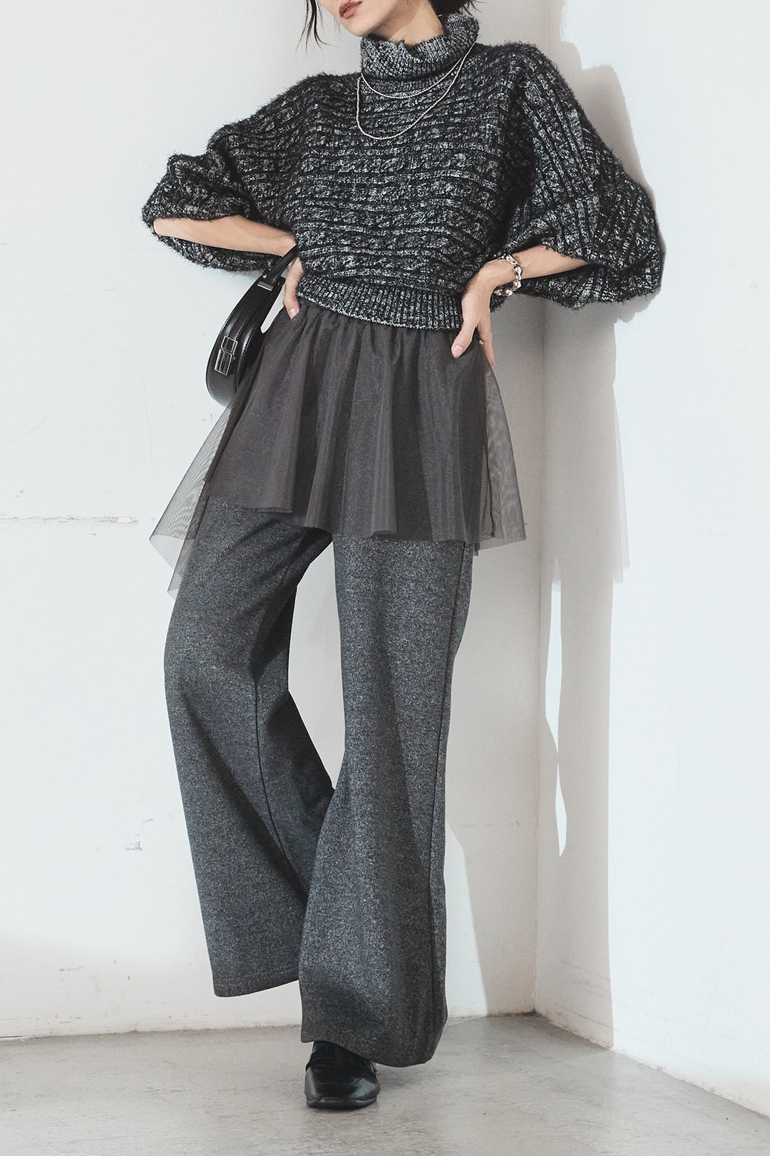 [SET]ミックス編みドルマンニットトップス+チュールレイヤードニットパンツ(2set)