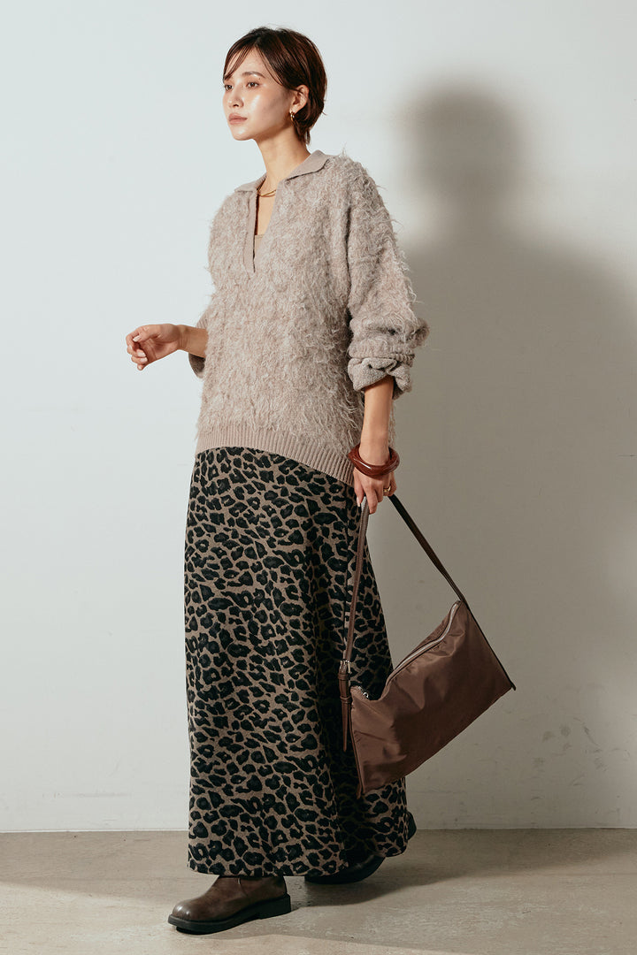 [SET]襟付きシャギーニットポロトップス+レオパードロングスカート(2set)