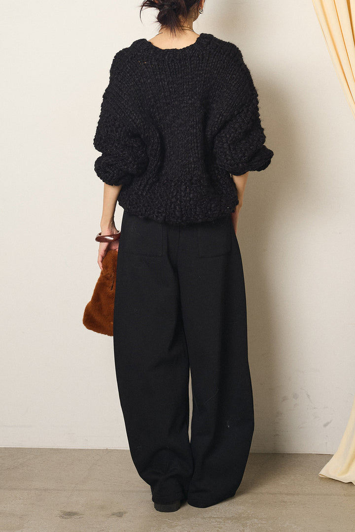 [SET]Vネックハンド編みニットトップス+太ベルト付きスウェットワイドカーブパンツ(2set)