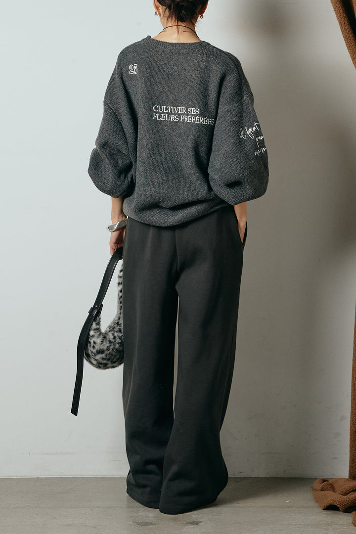 [SET]刺繍ロゴランダムデザインニットトップス+裏起毛スウェットワイドパンツ(2set)