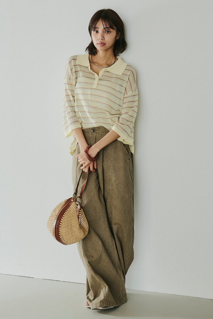 [SET]ボーダーニットポロシャツ+サイドベルトカーブワイドパンツ(2set)