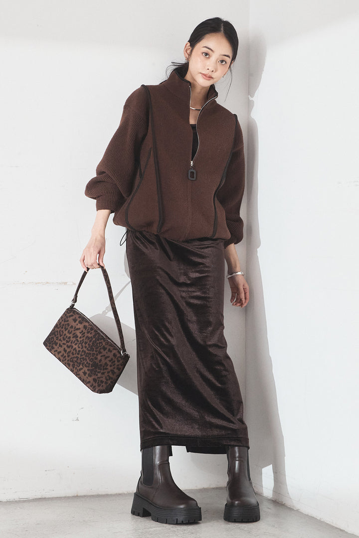 [SET]ハイネックパイピングデザインブルゾン+ベロアバレエネックワンピース(2set)