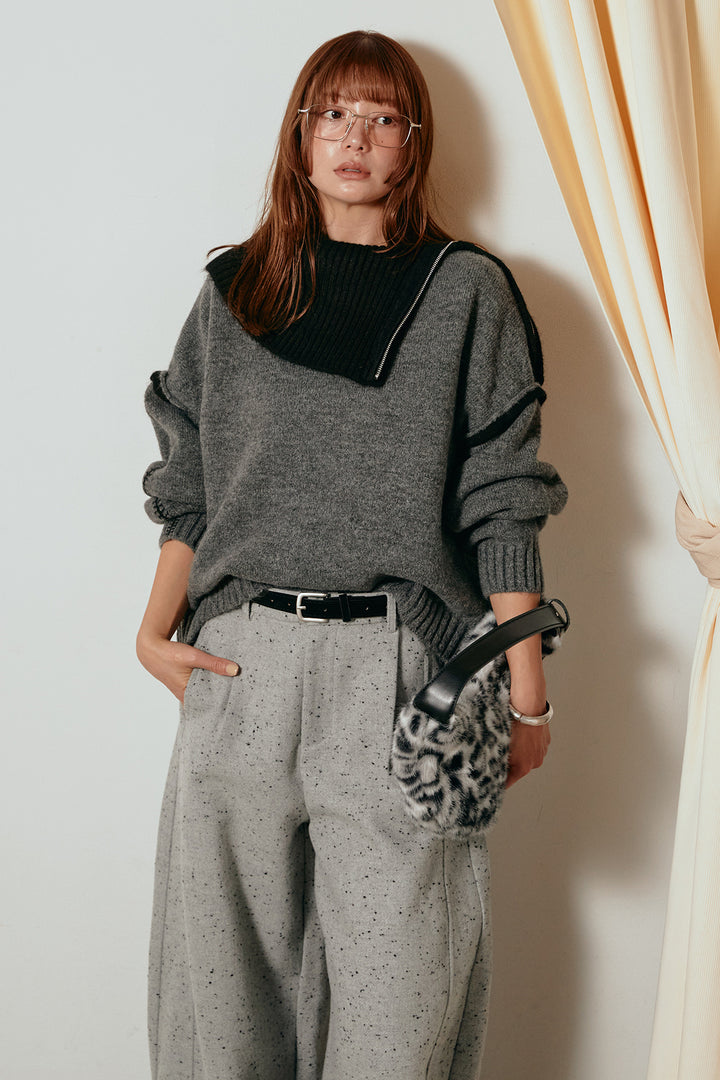 [SET]ハイネックジップデザインニットトップス+ベルト付きネップツイードカーブパンツ(2set)