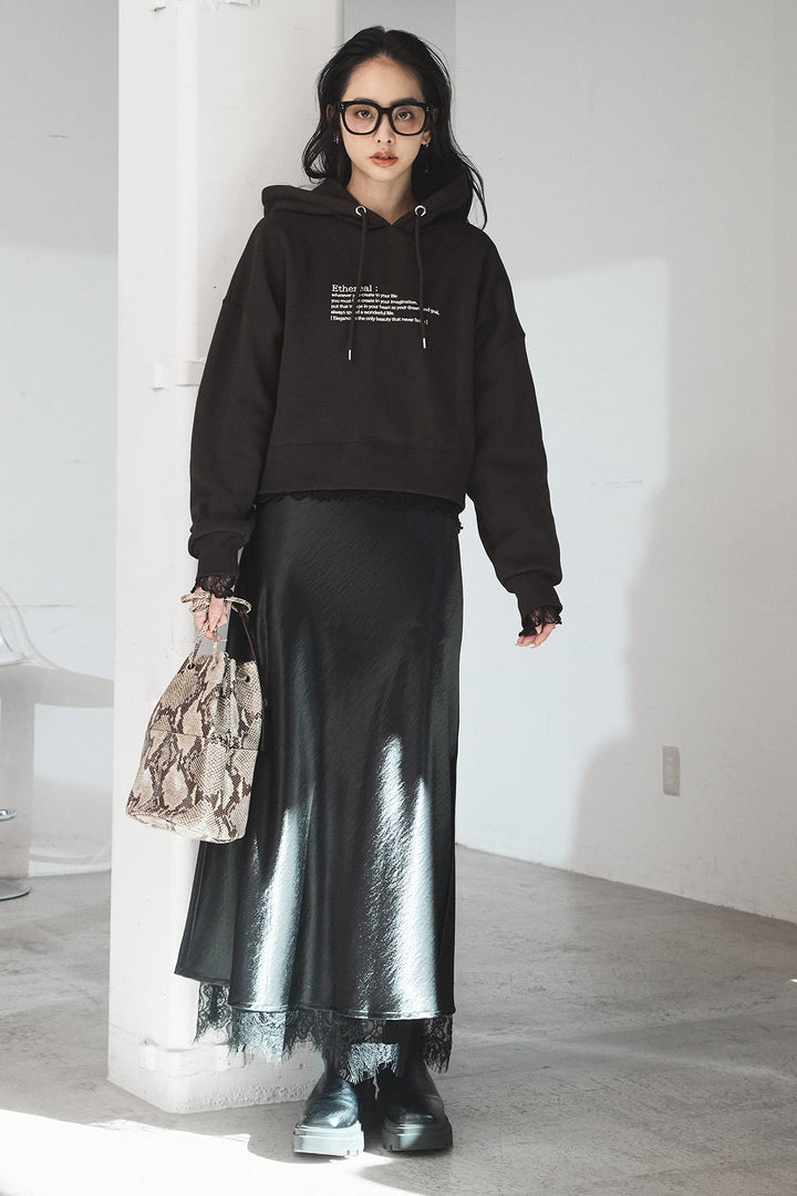 [SET]裏起毛レタリング刺繍フーディショートプルオーバー+ストレッチレースクルーネックインナー(2set)