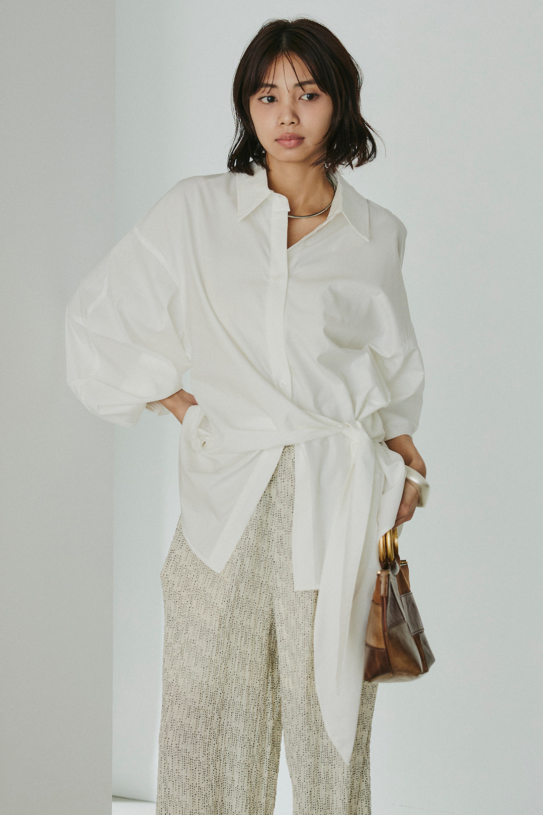 [SET]襟付き巻きデザインシャツ+シアーランダムドットラフパンツ(2set)