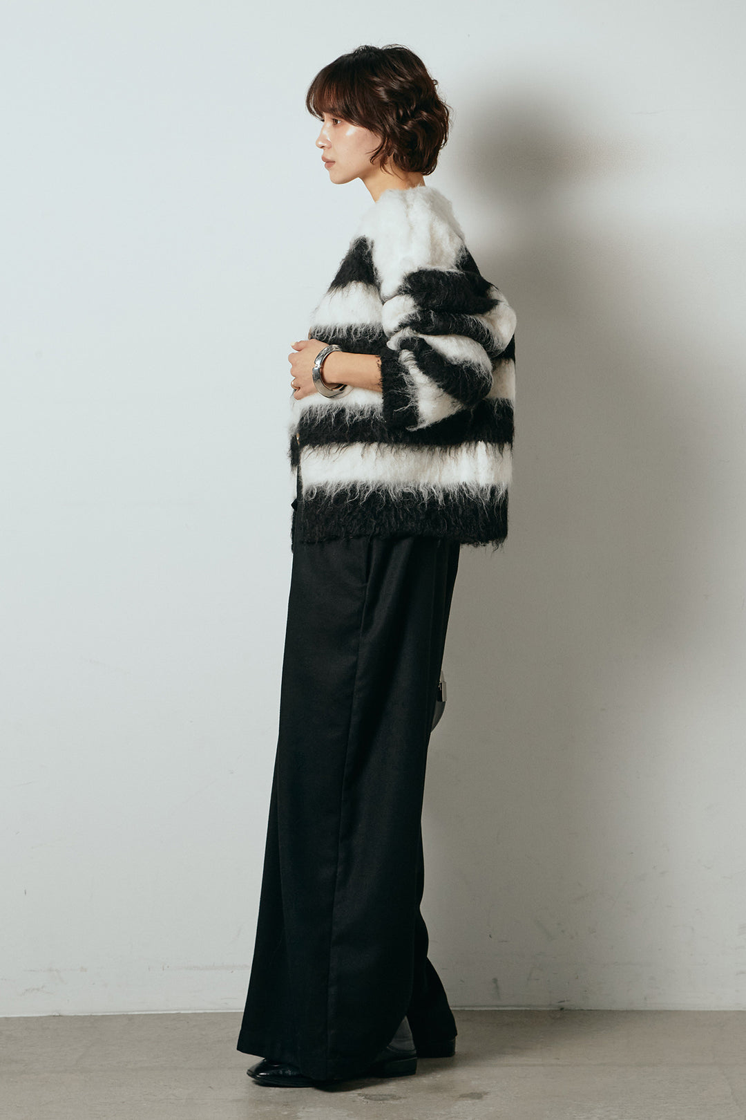 [SET]シャギーボーダー柄ニットカーディガン+ウール混フランネルワイドサロペット(2set)